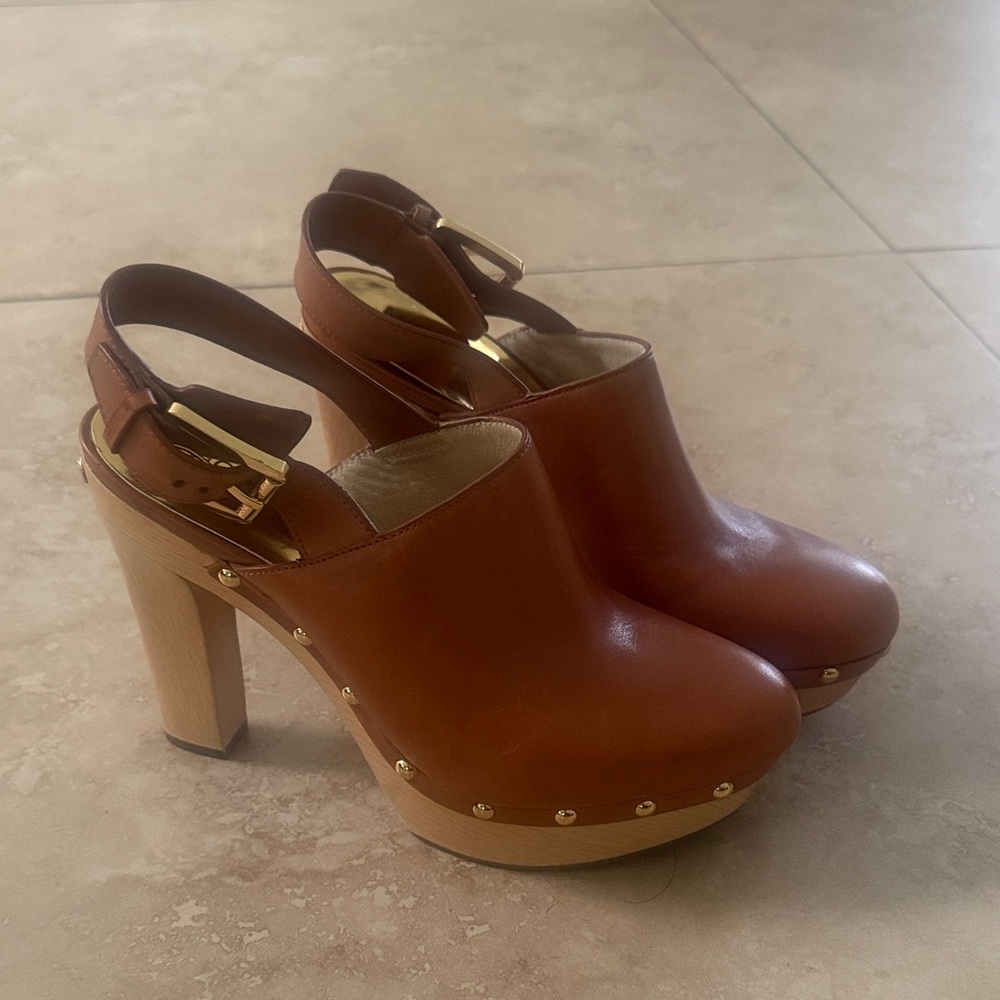 Michael Kors Tan Leather Mules with Gold Accents